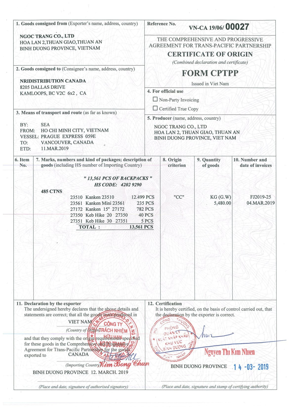 CO _ CPTPP Mẫu CO _ CPTPP