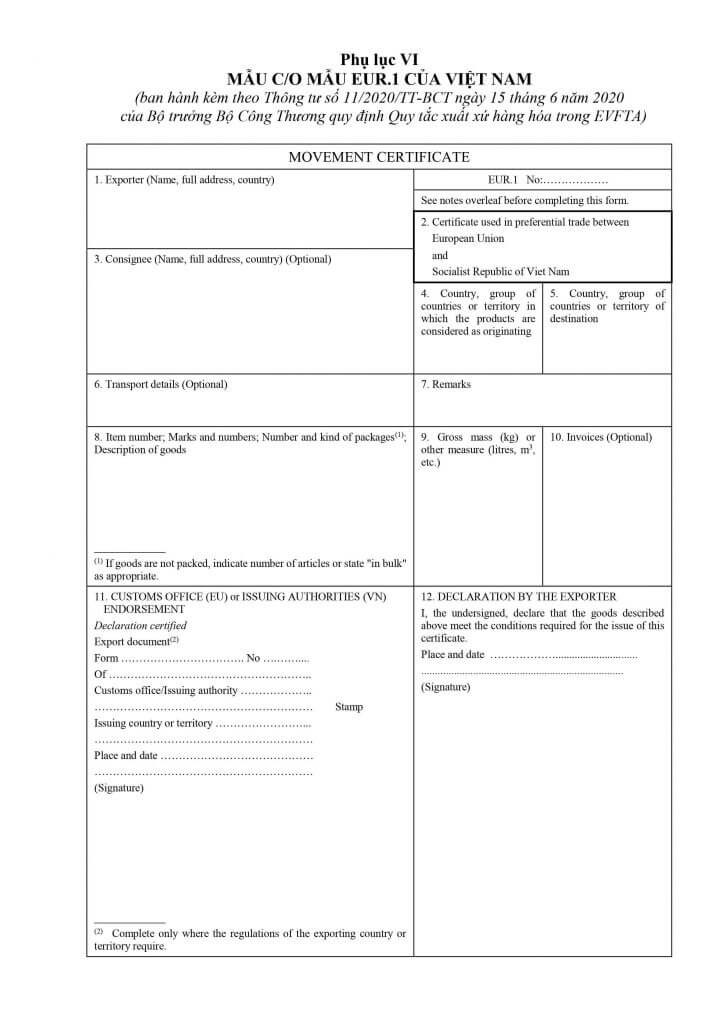 Mẫu CO form EUR.1 Mẫu CO form EUR.1